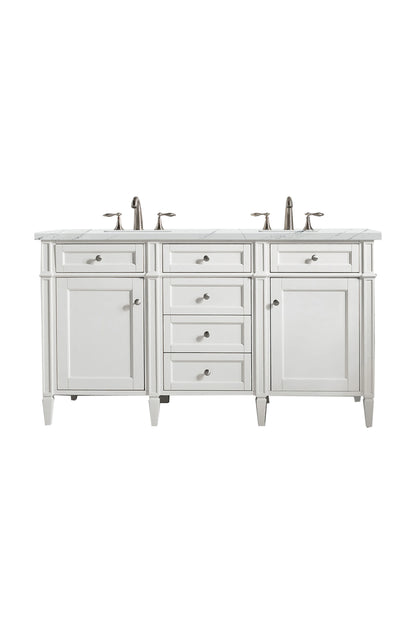 Brittany 60" Double Vanity, Bright White Vanity w/ 3 CM Ethereal Noctis Silestone Top w/FreePower Wireless Charger