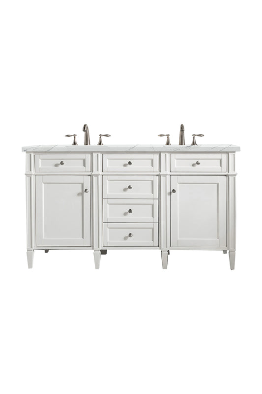Brittany 60" Double Vanity, Bright White Vanity w/ 3 CM Ethereal Noctis Silestone Top w/FreePower Wireless Charger