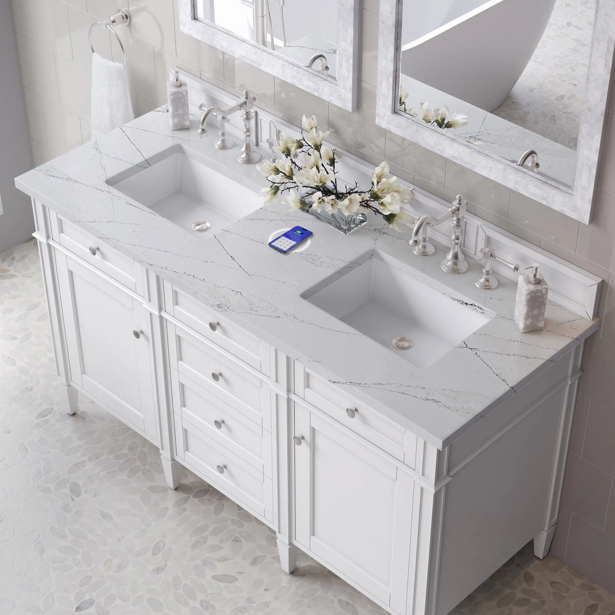 Brittany 60" Double Vanity, Bright White Vanity w/ 3 CM Ethereal Noctis Silestone Top w/FreePower Wireless Cha, view 10