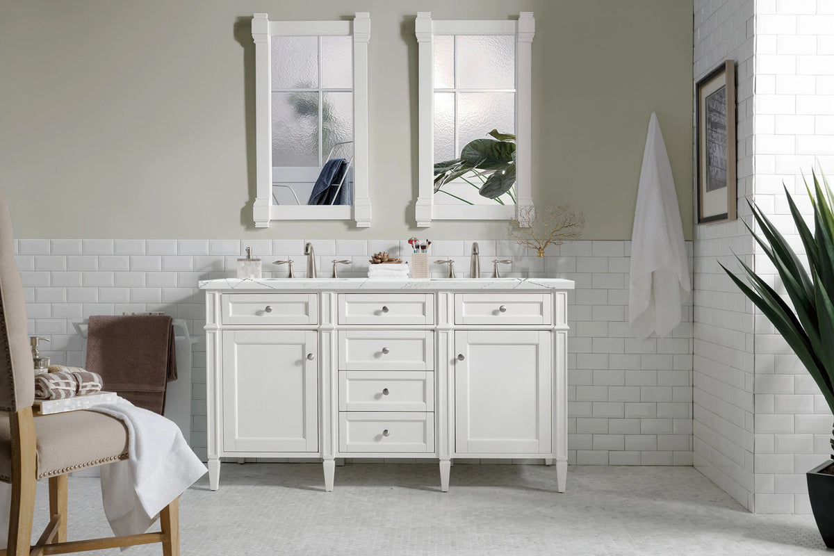 Brittany 60" Double Vanity, Bright White Vanity w/ 3 CM Ethereal Noctis Silestone Top w/FreePower Wireless Char, view 6
