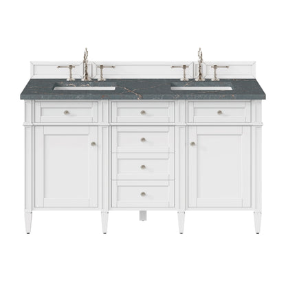 Brittany 60" Double Vanity, Bright White Vanity w/ 3 CM Parisien Bleu Silestone Top w/FreePower Wireless Charger