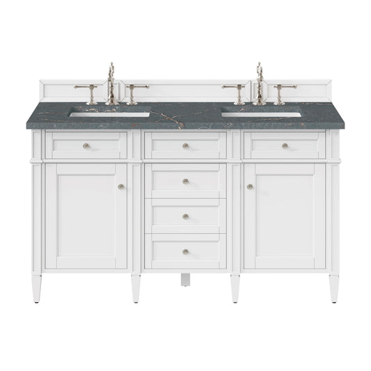Brittany 60" Double Vanity, Bright White Vanity w/ 3 CM Parisien Bleu Silestone Top w/FreePower Wireless Charger