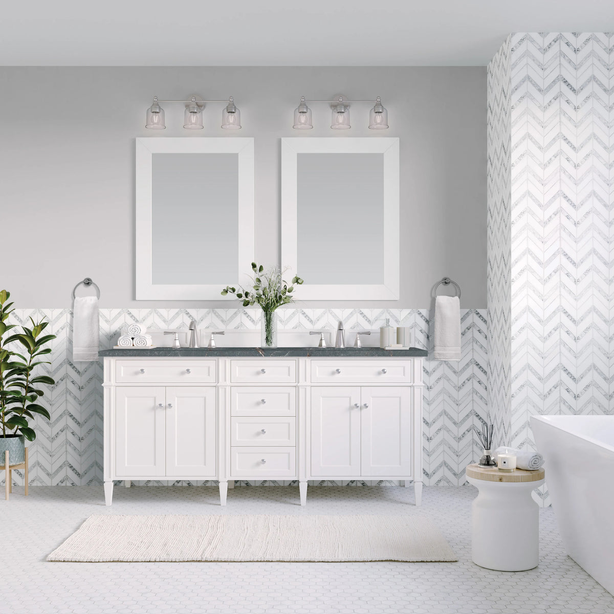Brittany 60" Double Vanity, Bright White Vanity w/ 3 CM Parisien Bleu Silestone Top w/FreePower Wireless Charger, view 6