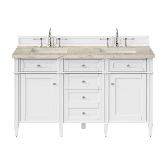Brittany 60" Double Vanity in Bright White, w/ 3 CM Tajnar Eclos Top w/FreePower Wireless Charger