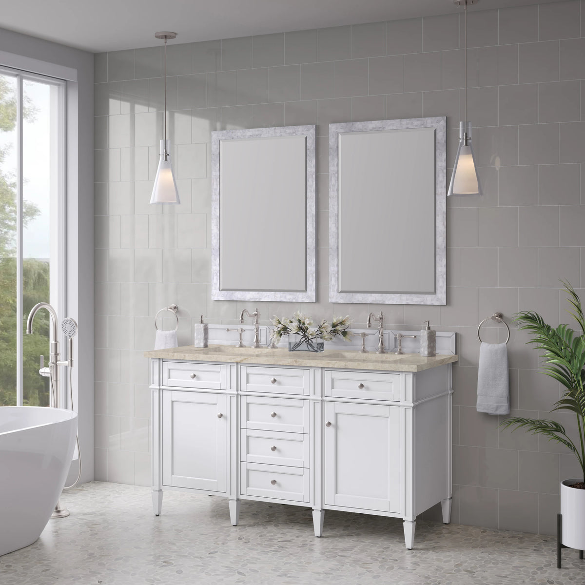 Brittany 60" Double Vanity in Bright White, w/ 3 CM Tajnar Eclos Top w/FreePower Wireless Charger, view 6