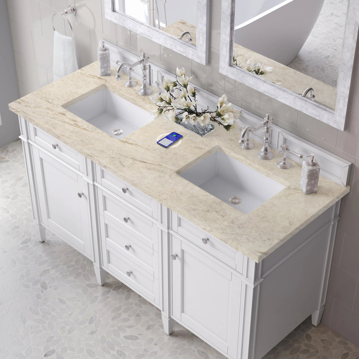 Brittany 60" Double Vanity in Bright White, w/ 3 CM Tajnar Eclos Top w/FreePower Wireless Charger, view 8