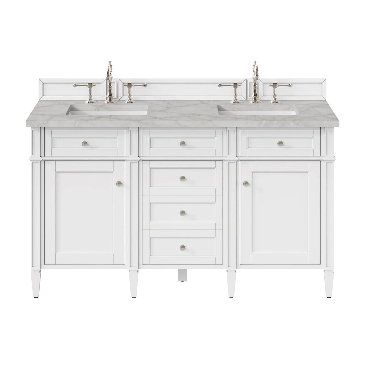 Brittany 60" Double Vanity, Bright White Vanity w/ 3 CM Victorian Silver Silestone Top w/FreePower Wireless Charger