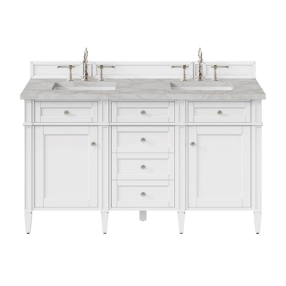 Brittany 60" Double Vanity, Bright White Vanity w/ 3 CM Victorian Silver Silestone Top w/FreePower Wireless Charger