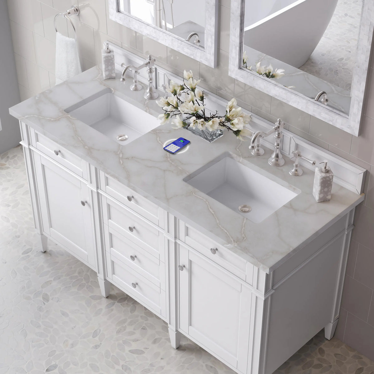 Brittany 60" Double Vanity, Bright White Vanity w/ 3 CM Victorian Silver Silestone Top w/FreePower Wireless Ch, view 10