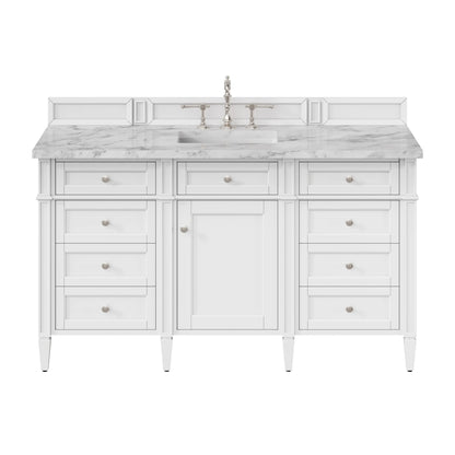 Brittany 60" Single Vanity, Bright White w/ 3 CM Carrara Marble Top