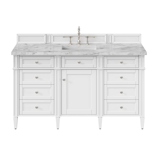 Brittany 60" Single Vanity, Bright White w/ 3 CM Carrara Marble Top