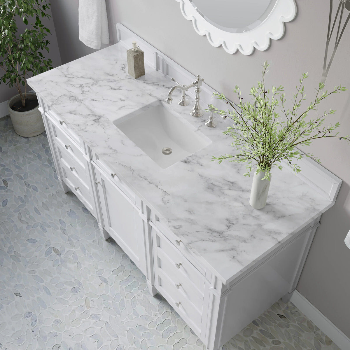 Brittany 60" Single Vanity, Bright White w/ 3 CM Carrara Marble Top, view 8