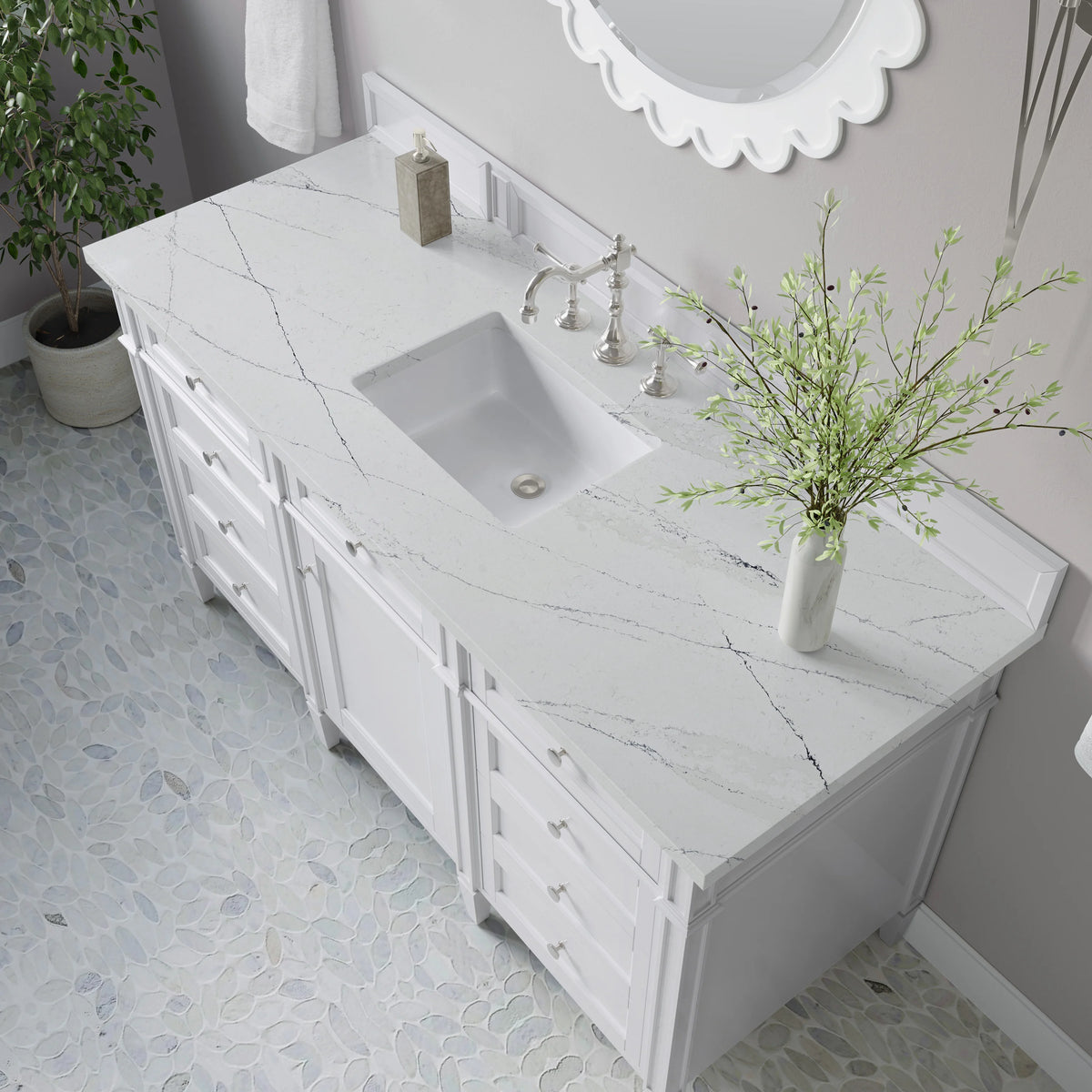 Brittany 60" Single Vanity, Bright White w/ 3 CM Ethereal Noctis Silestone Top, view 7