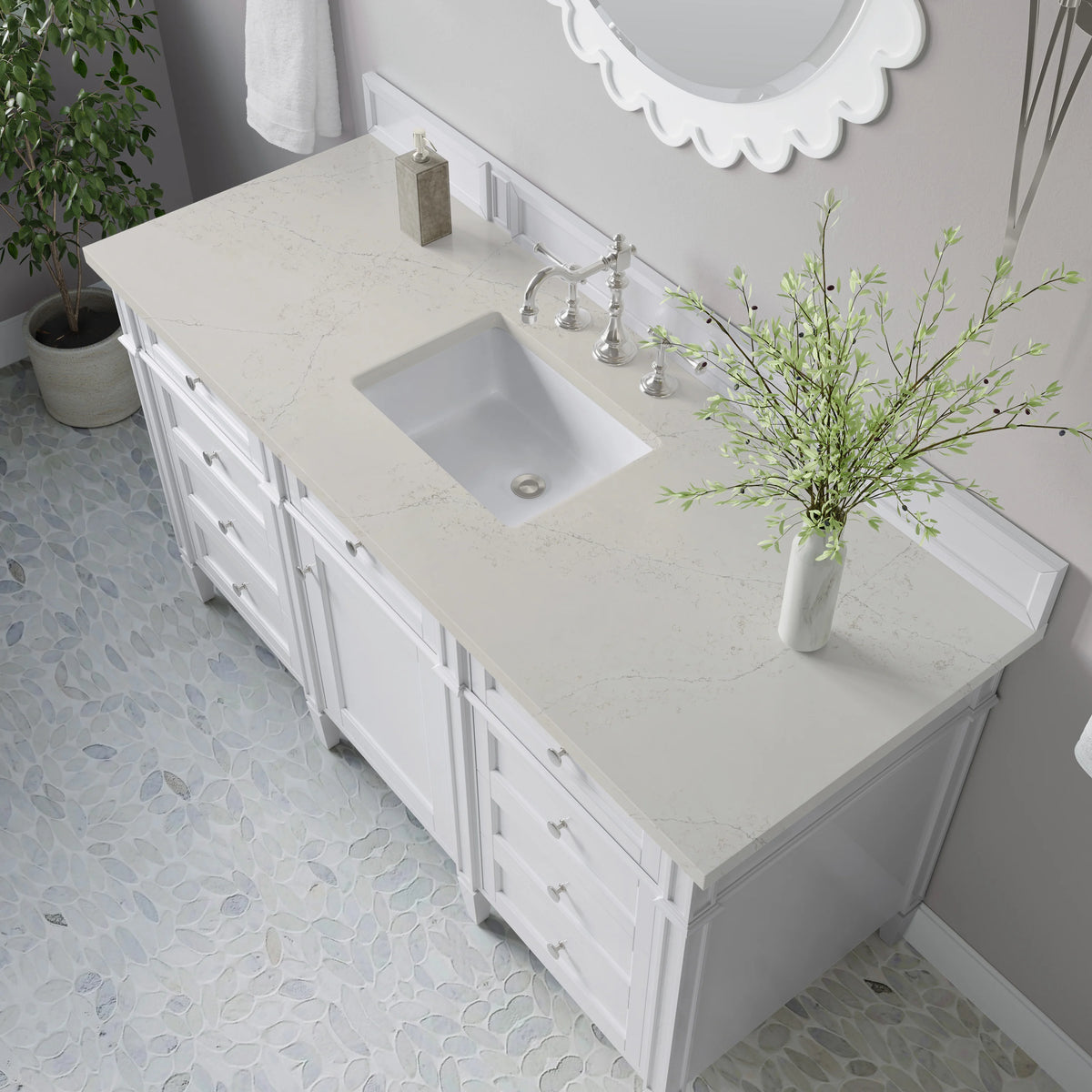 Brittany 60" Single Vanity in Bright White, w/ 3 CM Siberian Silestone Top, view 6