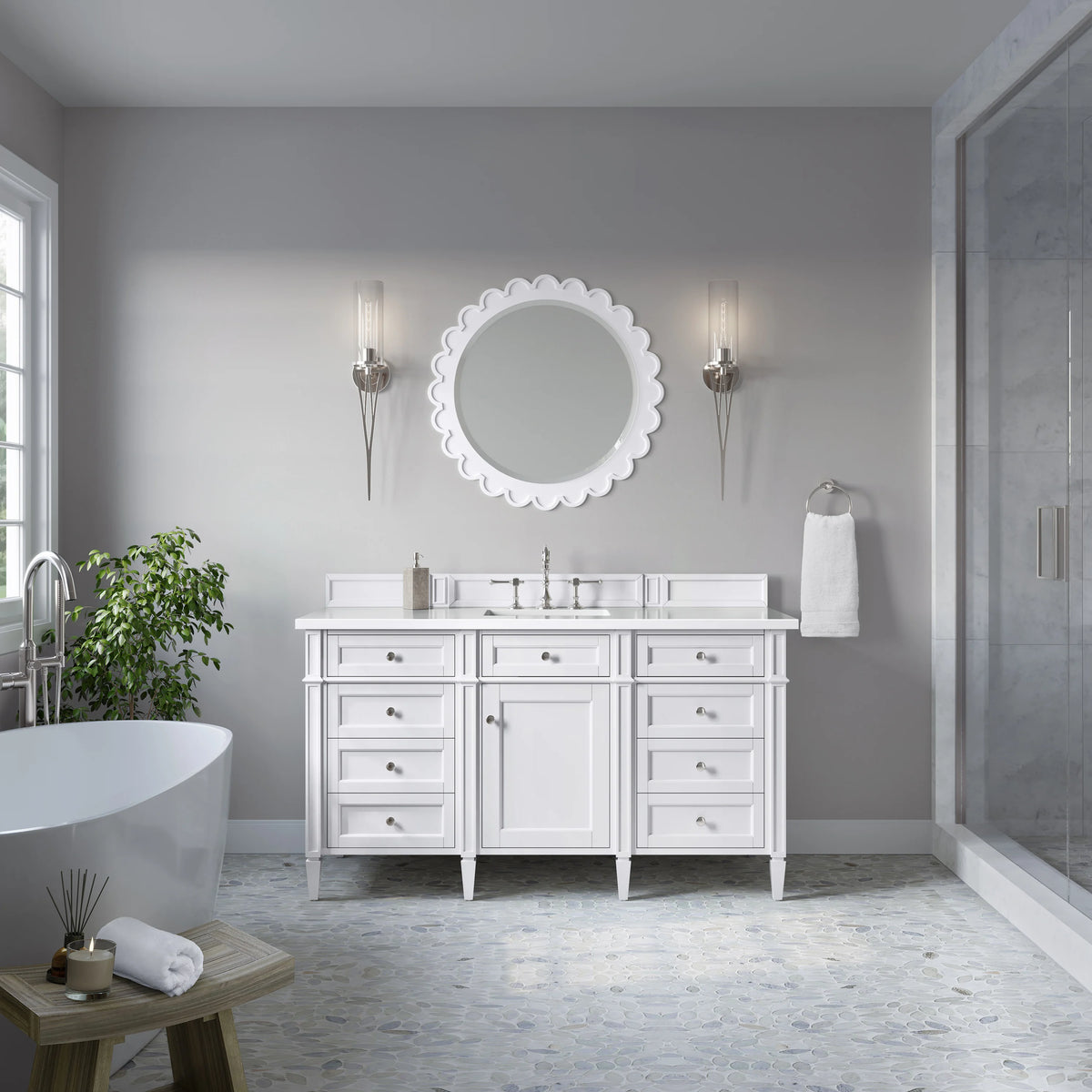 Brittany 60" Single Vanity, Bright White w/ 3 CM White Zeus Silestone Top, view 3