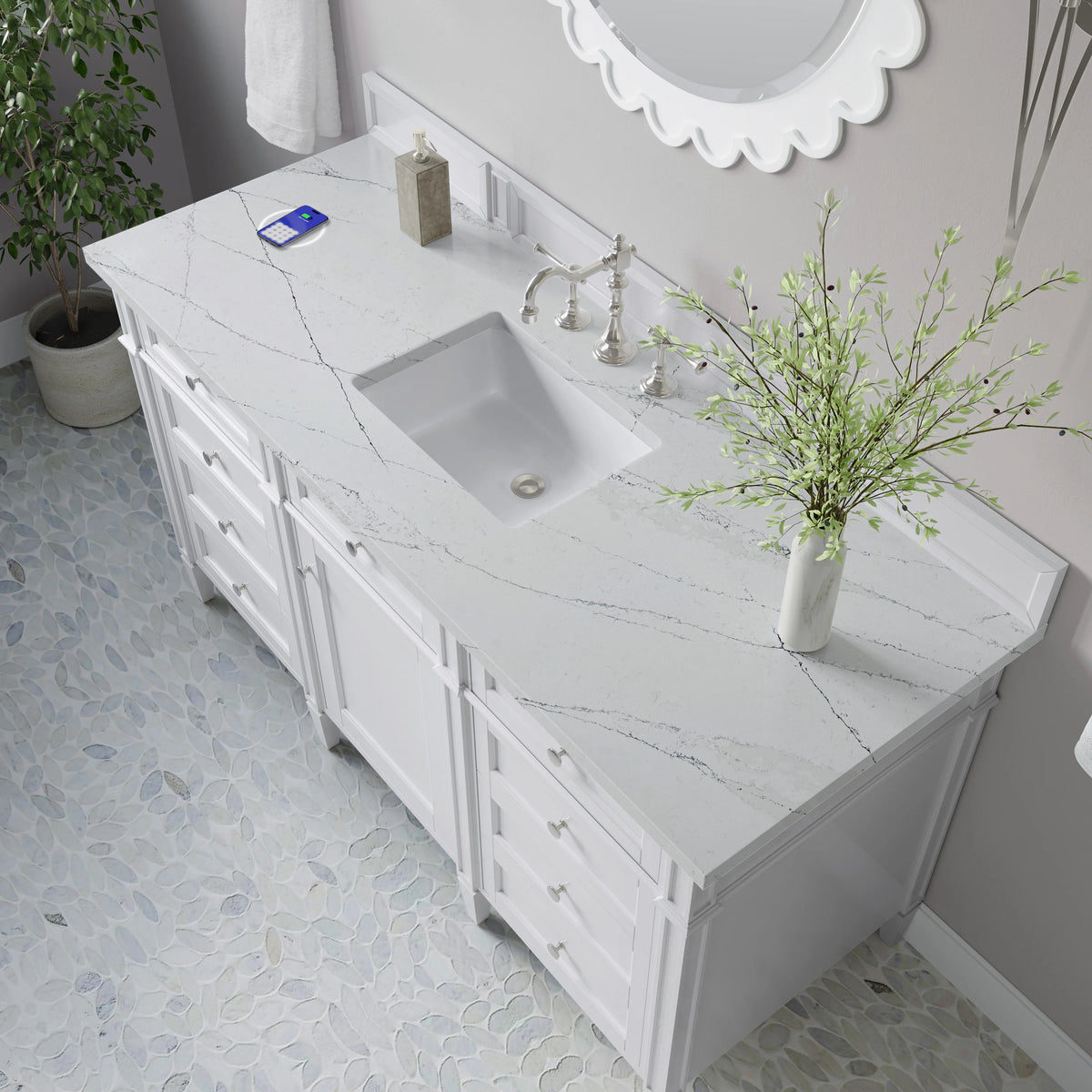 Brittany 60" Single Vanity, Bright White w/ 3 CM Ethereal Noctis Silestone Top w/FreePower Wireless Charger, view 10