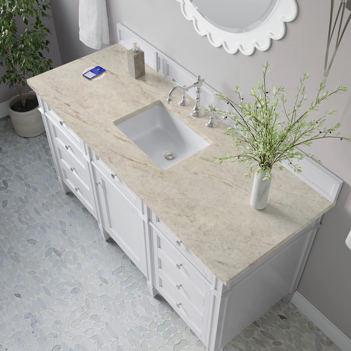 Brittany 60" Single Vanity in Bright White, w/ 3 CM Tajnar Eclos Top w/FreePower Wireless Charger, view 8