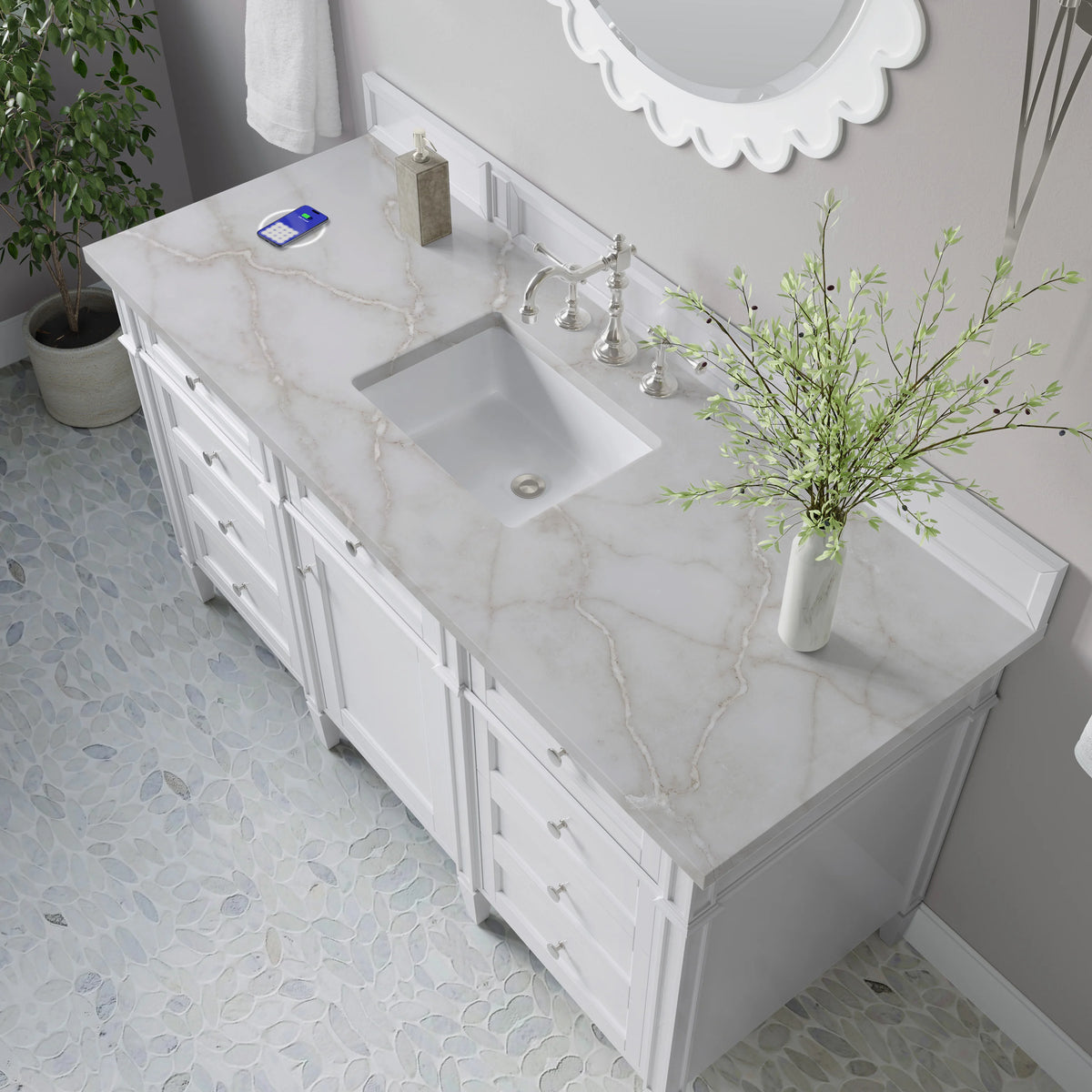 Brittany 60" Single Vanity, Bright White w/ 3 CM Victorian Silver Silestone Top w/FreePower Wireless Charger, view 10