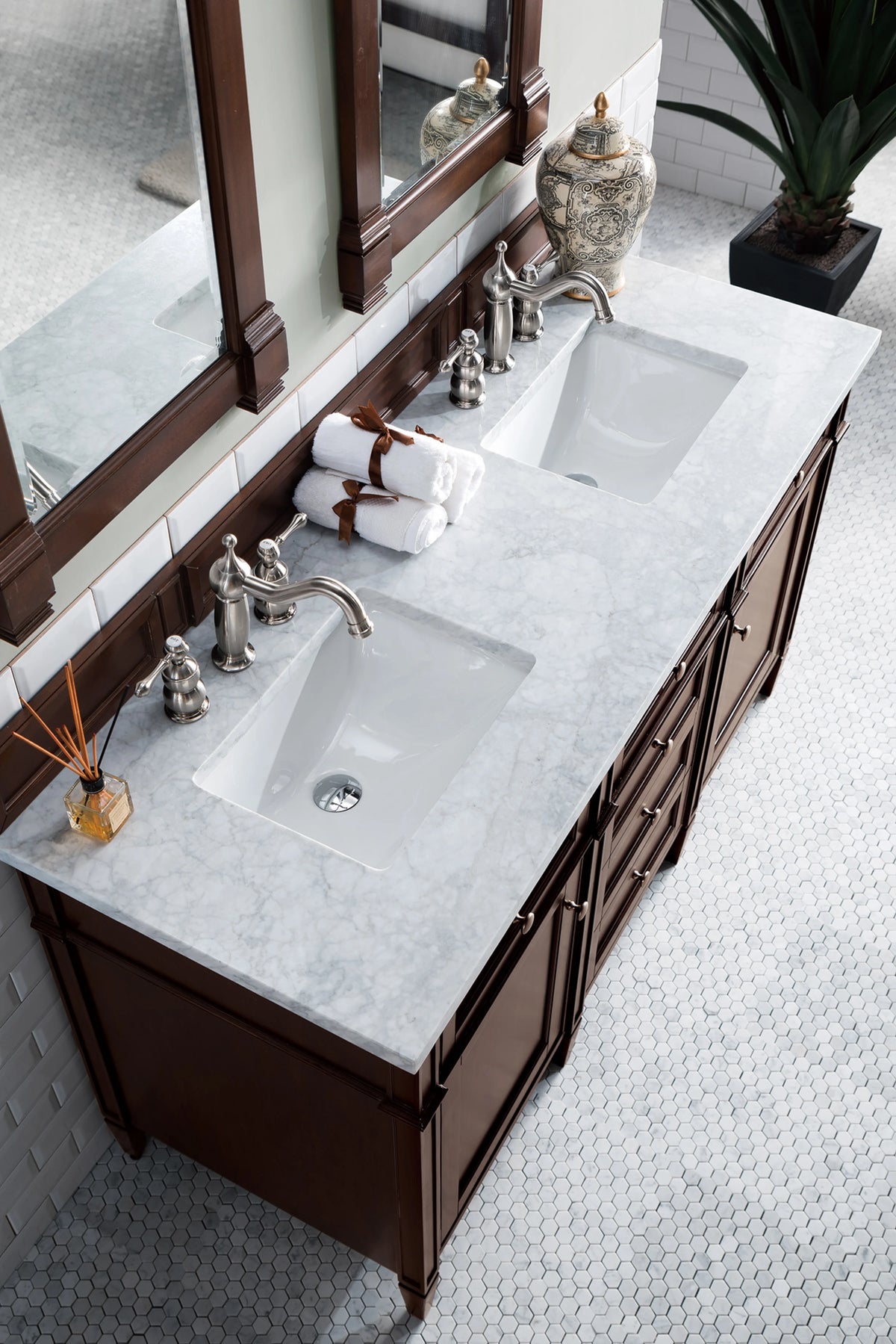 Brittany 60" Double Vanity, Burnished Mahogany w/ 3 CM Carrara Marble Top, view 6