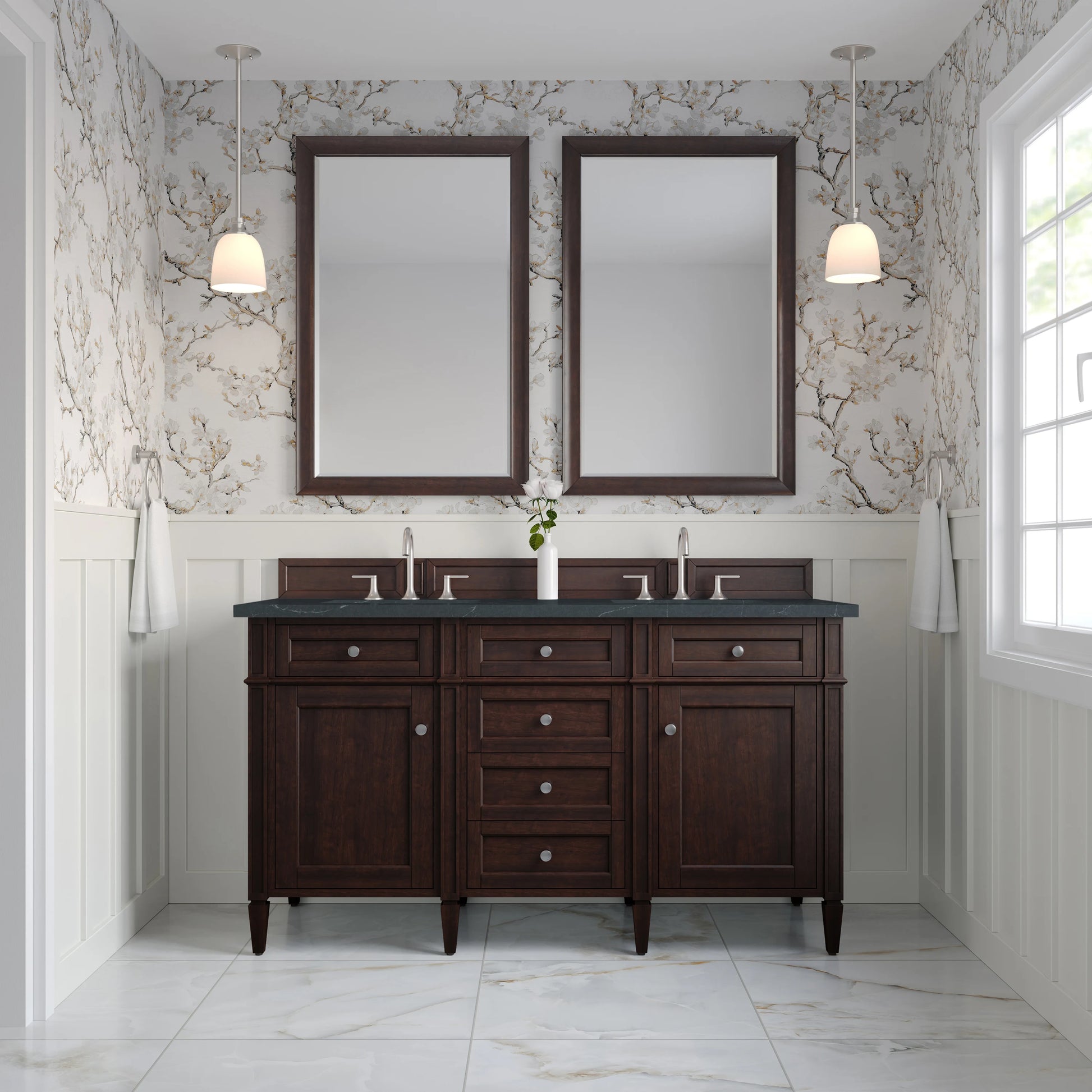 Brittany 60" Double Vanity, Burnished Mahogany w/ 3 CM Charcoal Soapstone Silestone Top, view 3