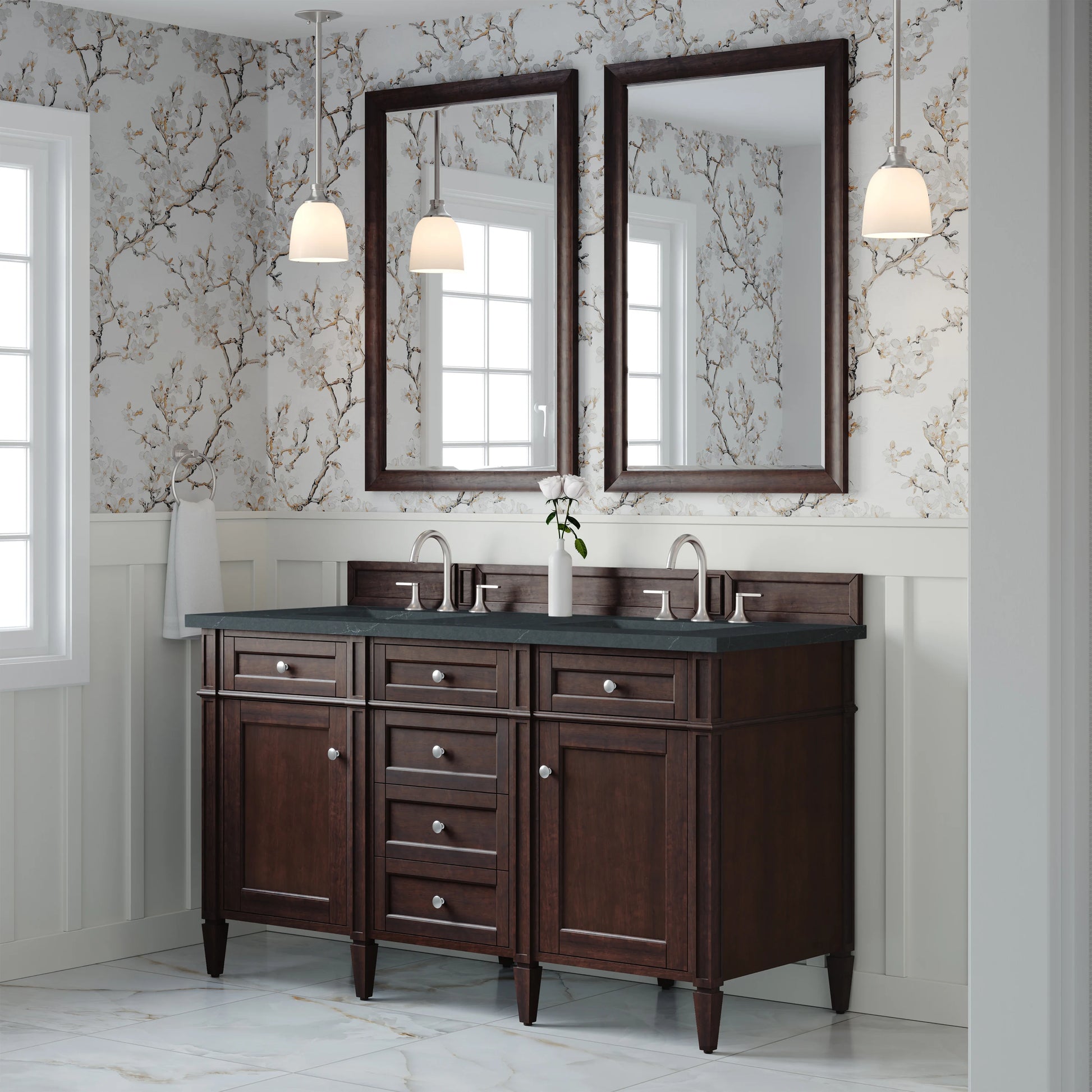 Brittany 60" Double Vanity, Burnished Mahogany w/ 3 CM Charcoal Soapstone Silestone Top, view 4