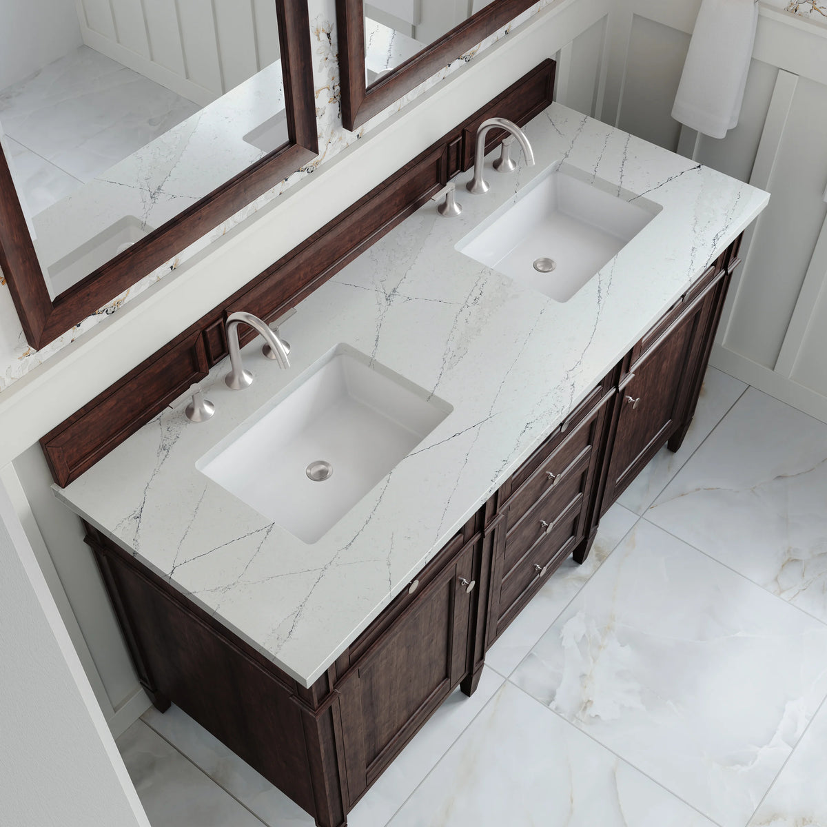 Brittany 60" Double Vanity, Burnished Mahogany w/ 3 CM Ethereal Noctis Silestone Top, view 7