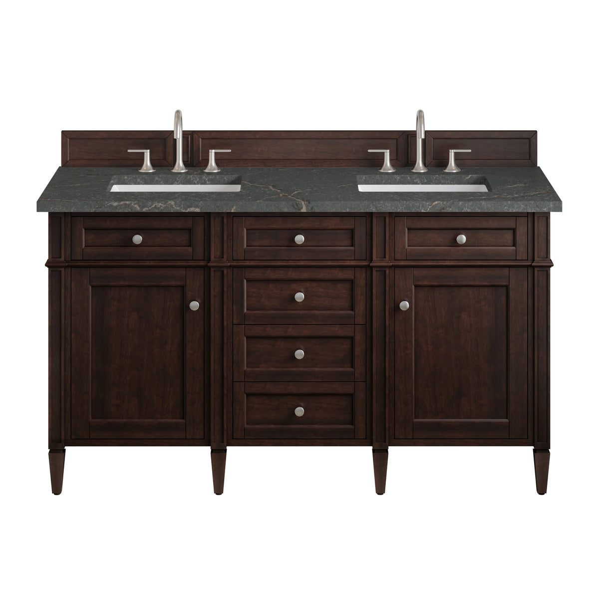 Brittany 60" Double Vanity, Burnished Mahogany w/ 3 CM Parisien Bleu Silestone Top