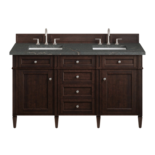 Brittany 60" Double Vanity, Burnished Mahogany w/ 3 CM Parisien Bleu Silestone Top