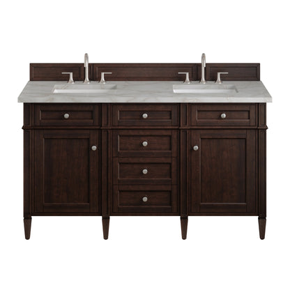 Brittany 60" Double Vanity, Burnished Mahogany w/ 3 CM Victorian Silver Silestone Top