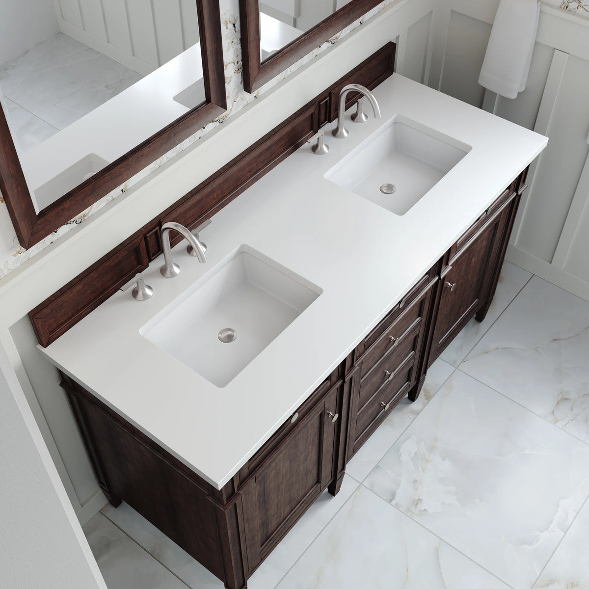 Brittany 60" Double Vanity, Burnished Mahogany w/ 3 CM White Zeus Silestone Top, view 7