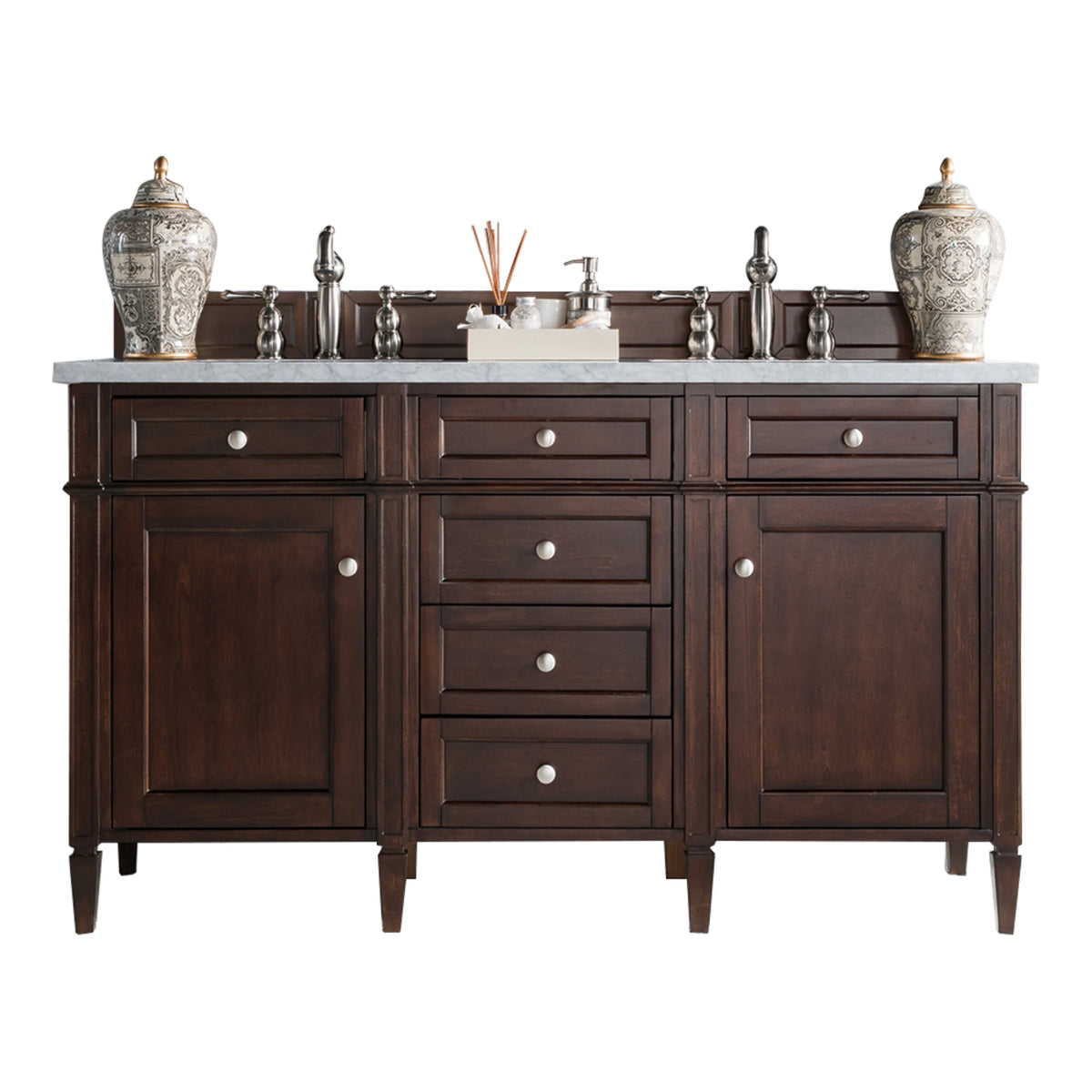 Brittany 60" Double Vanity, Burnished Mahogany w/ 3 CM Eternal Jasmine Pearl Silestone Top w/FreePower Wireless Charger