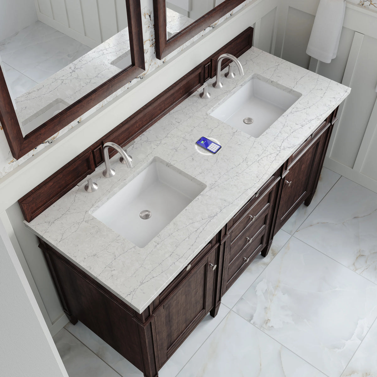 Brittany 60" Double Vanity, Burnished Mahogany w/ 3 CM Eternal Jasmine Pearl Silestone Top w/FreePower Wireles, view 10