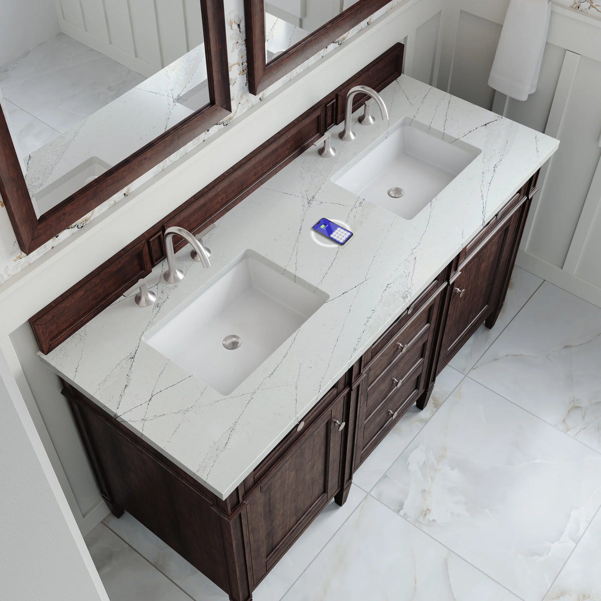 Brittany 60" Double Vanity, Burnished Mahogany w/ 3 CM Ethereal Noctis Silestone Top w/FreePower Wireless Char, view 10