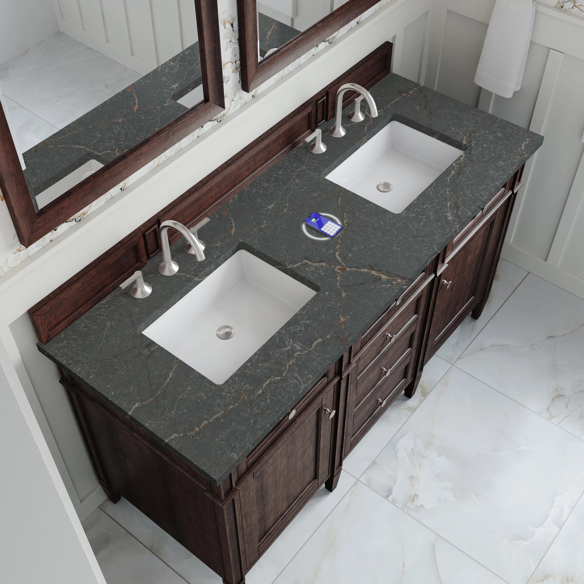 Brittany 60" Double Vanity, Burnished Mahogany w/ 3 CM Parisien Bleu Silestone Top w/FreePower Wireless Charger, view 10
