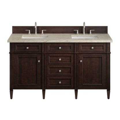 Brittany 60" Double Vanity, Burnished Mahogany, w/ 3 CM Tajnar Eclos Top w/FreePower Wireless Charger