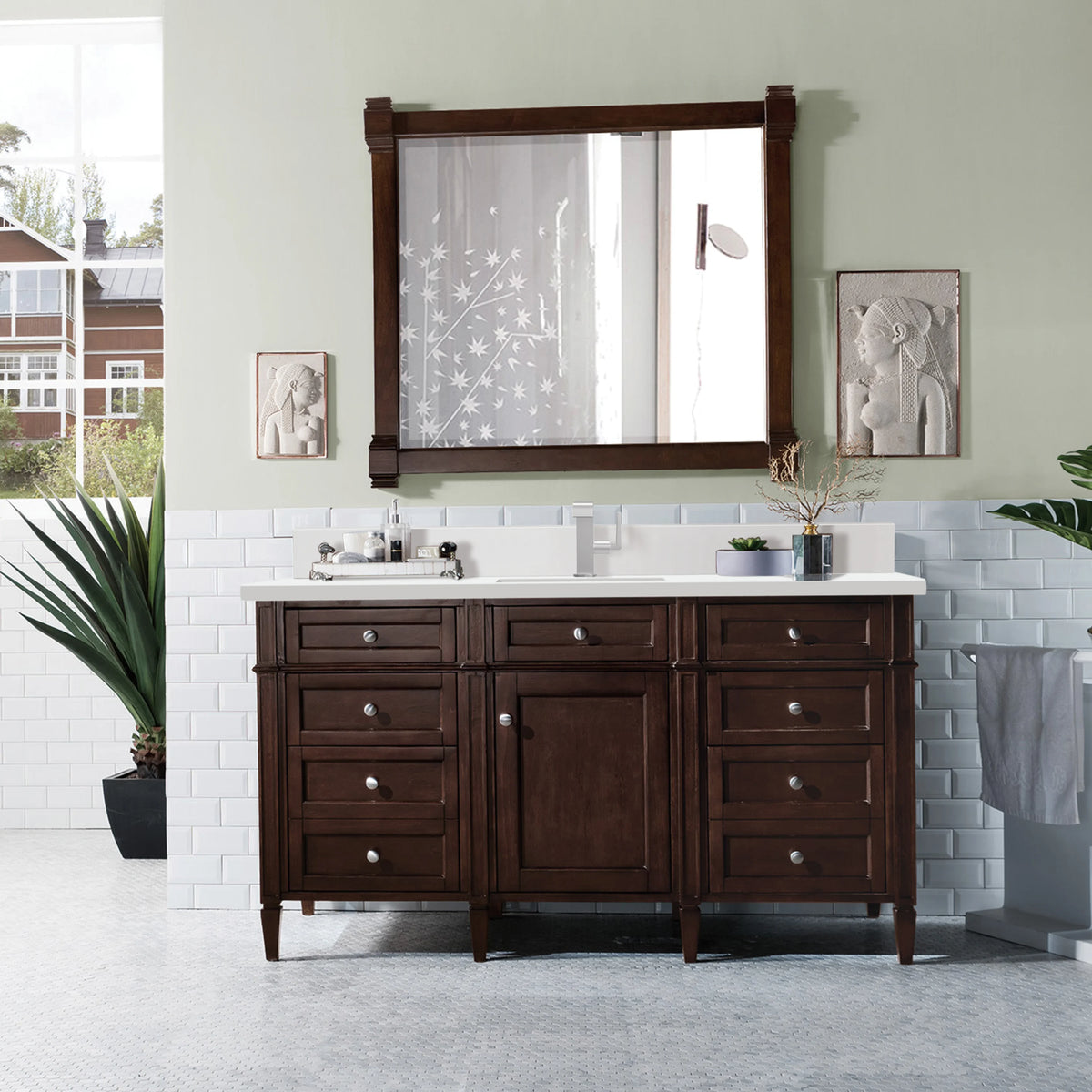 Brittany 60" Single Vanity, Burnished Mahogany w/ Single Hole 3 CM White Zeus Silestone Top & Backsplash, view 3