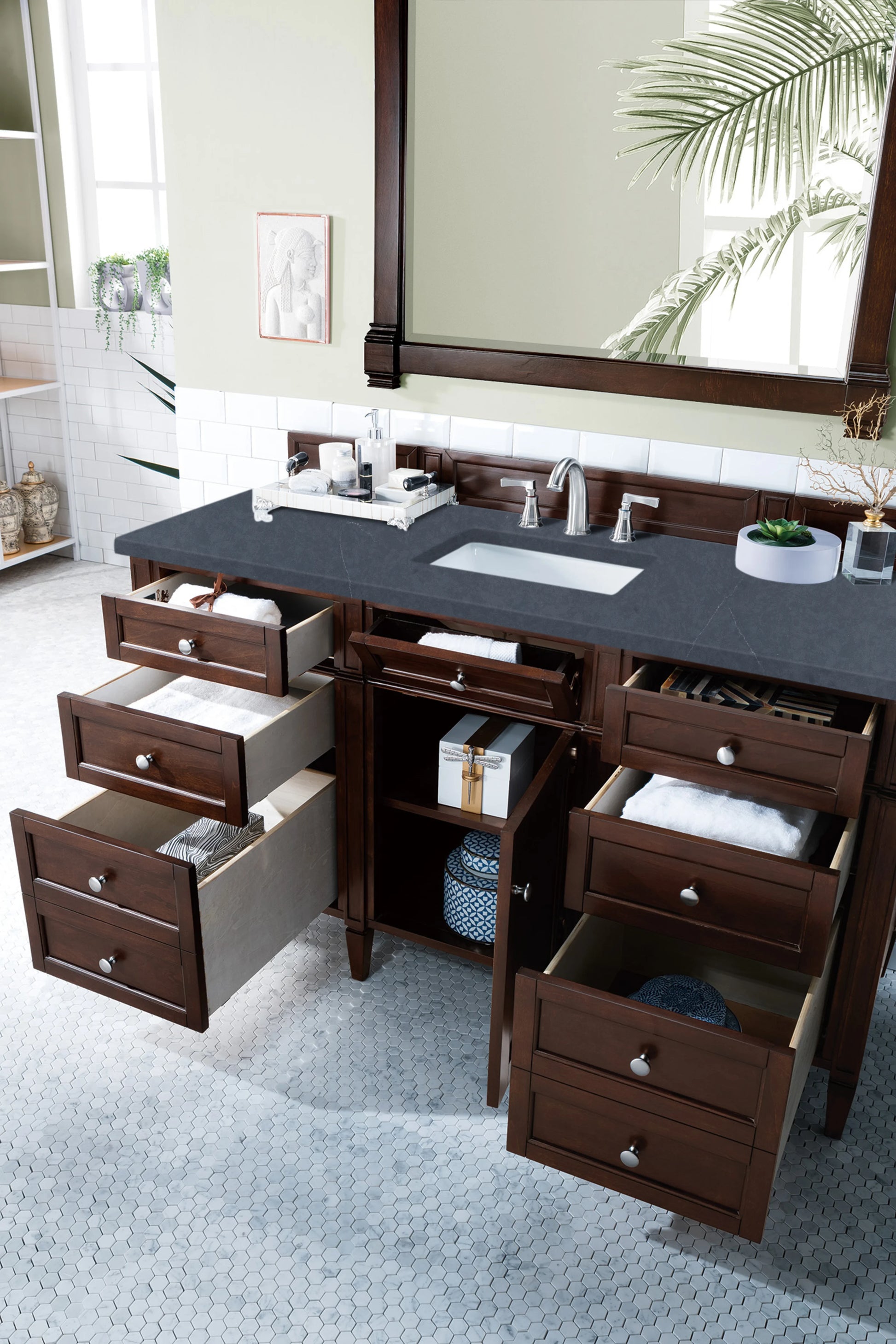 Brittany 60" Single Vanity, Burnished Mahogany w/ 3 CM Charcoal Soapstone Silestone Top, view 5