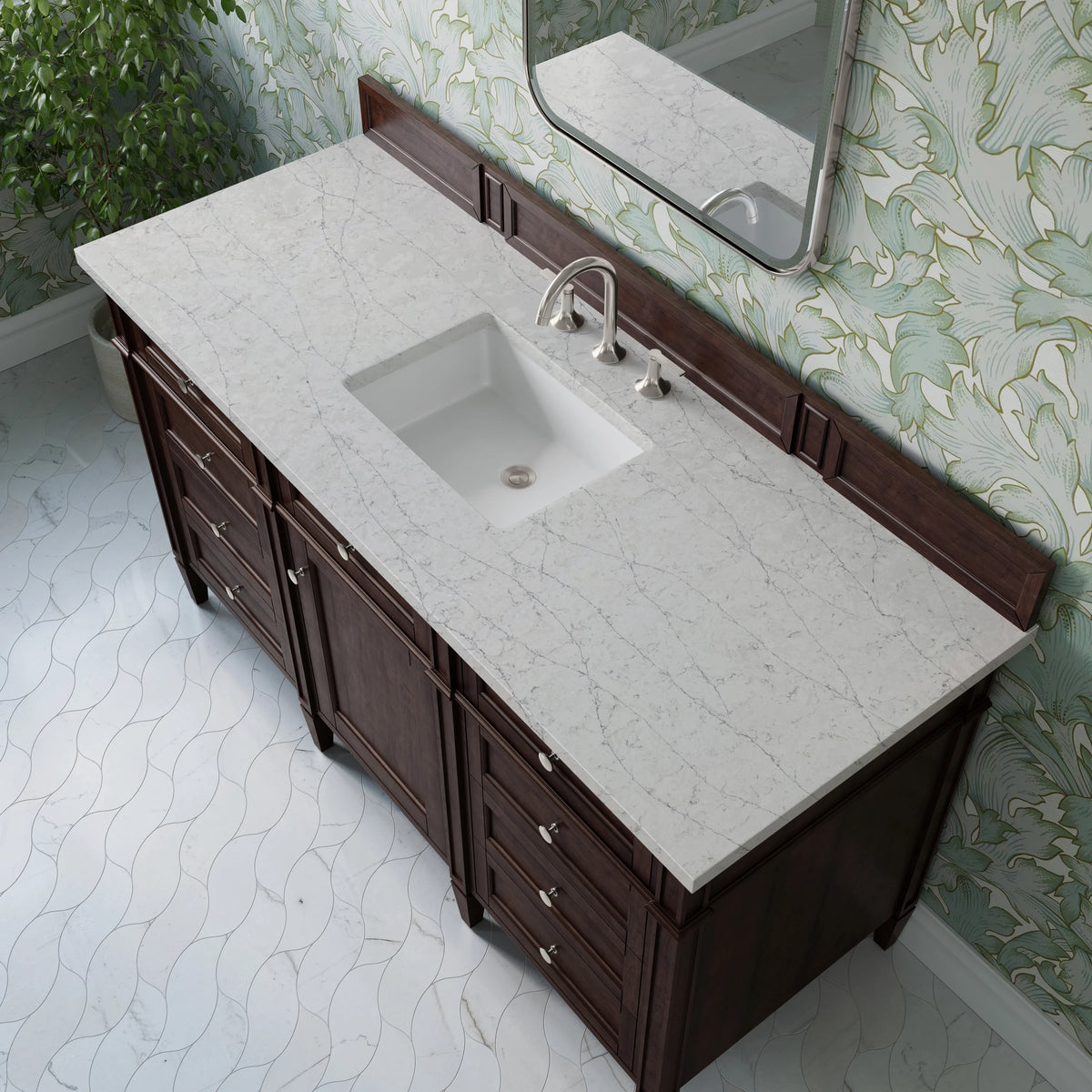Brittany 60" Single Vanity, Burnished Mahogany w/ 3 CM Eternal Jasmine Pearl Silestone Top, view 7