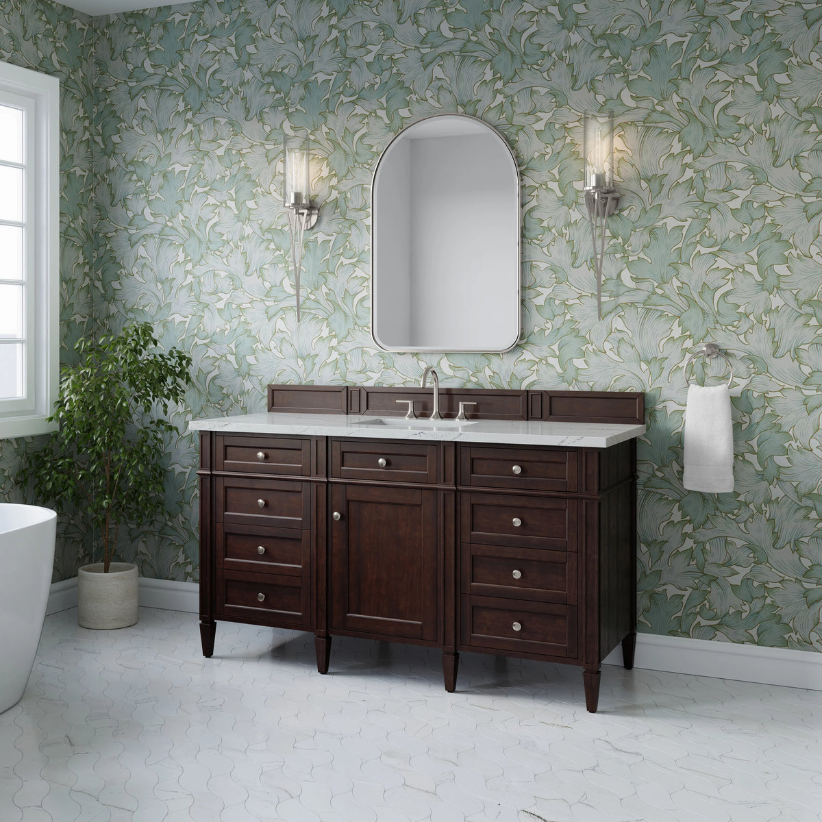Brittany 60" Single Vanity, Burnished Mahogany w/ 3 CM Ethereal Noctis Silestone Top, view 4