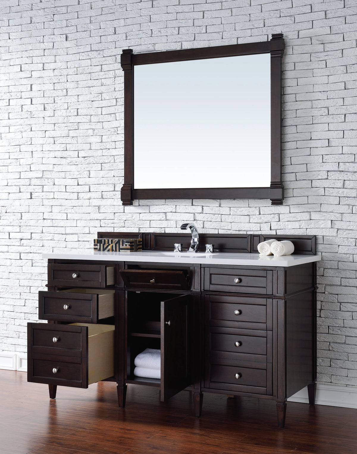 Brittany 60" Single Vanity, Burnished Mahogany w/ 3 CM White Zeus Silestone Top, view 5