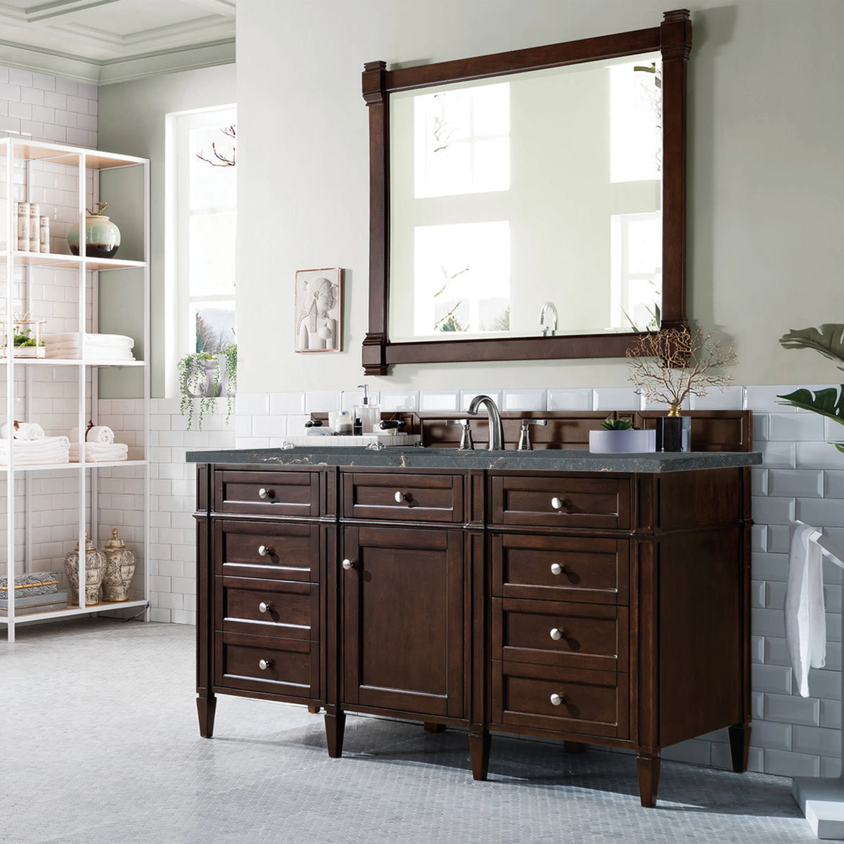 Brittany 60" Single Vanity, Burnished Mahogany w/ 3 CM Parisien Bleu Silestone Top w/FreePower Wireless Charger, view 7