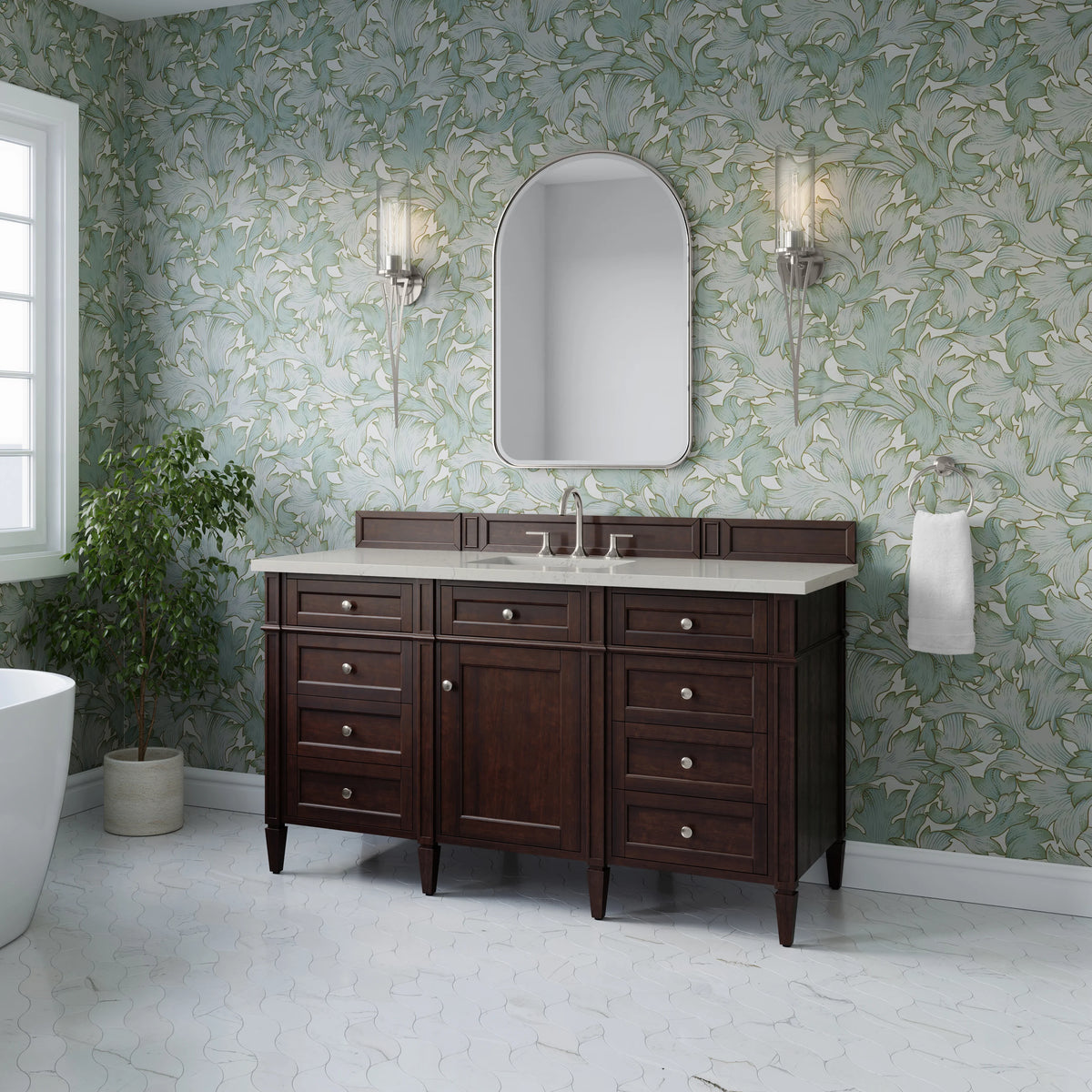 Brittany 60" Single Vanity, Burnished Mahogany, w/ 3 CM Siberian Silestone Top w/FreePower Wireless Charger, view 6