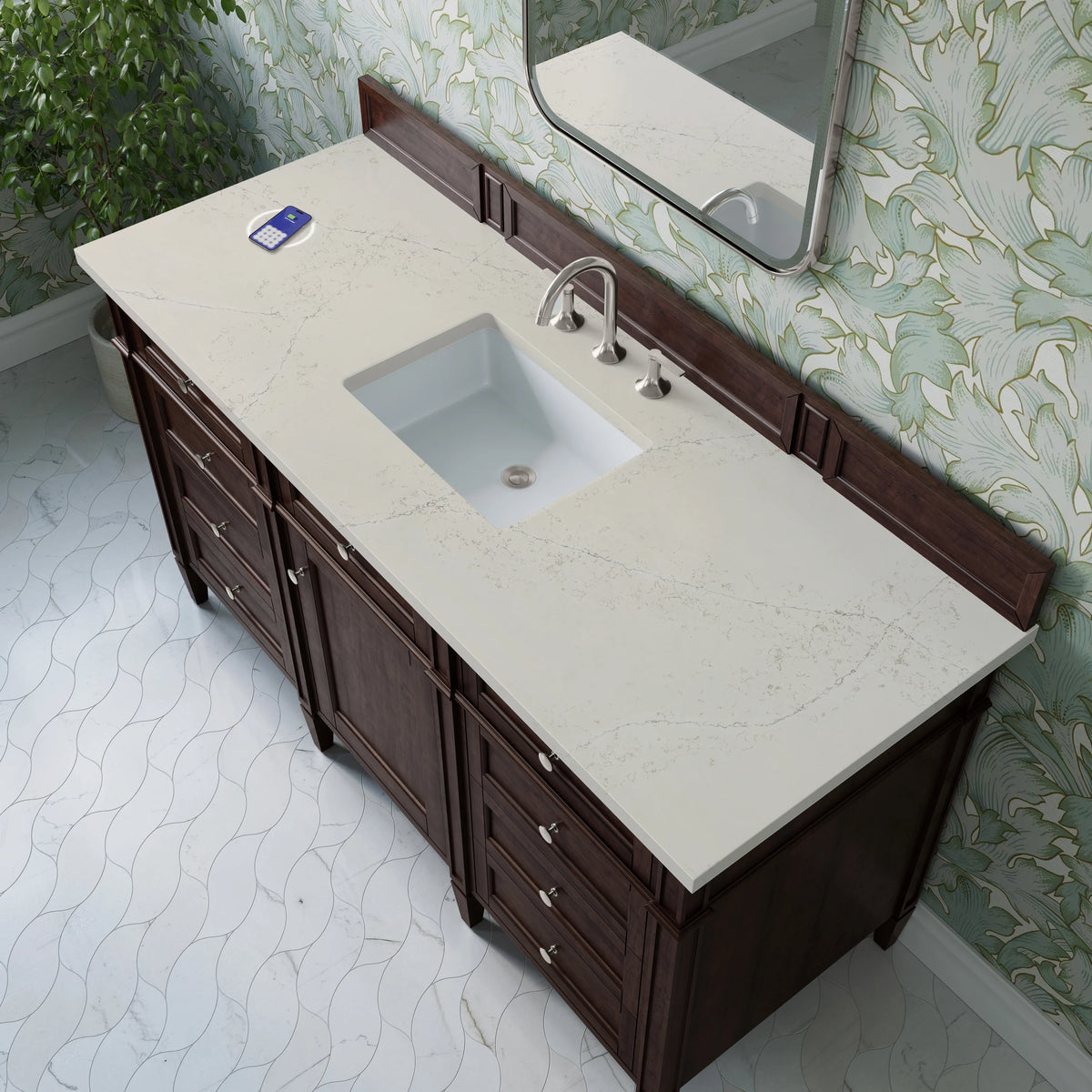 Brittany 60" Single Vanity, Burnished Mahogany, w/ 3 CM Siberian Silestone Top w/FreePower Wireless Charger, view 8