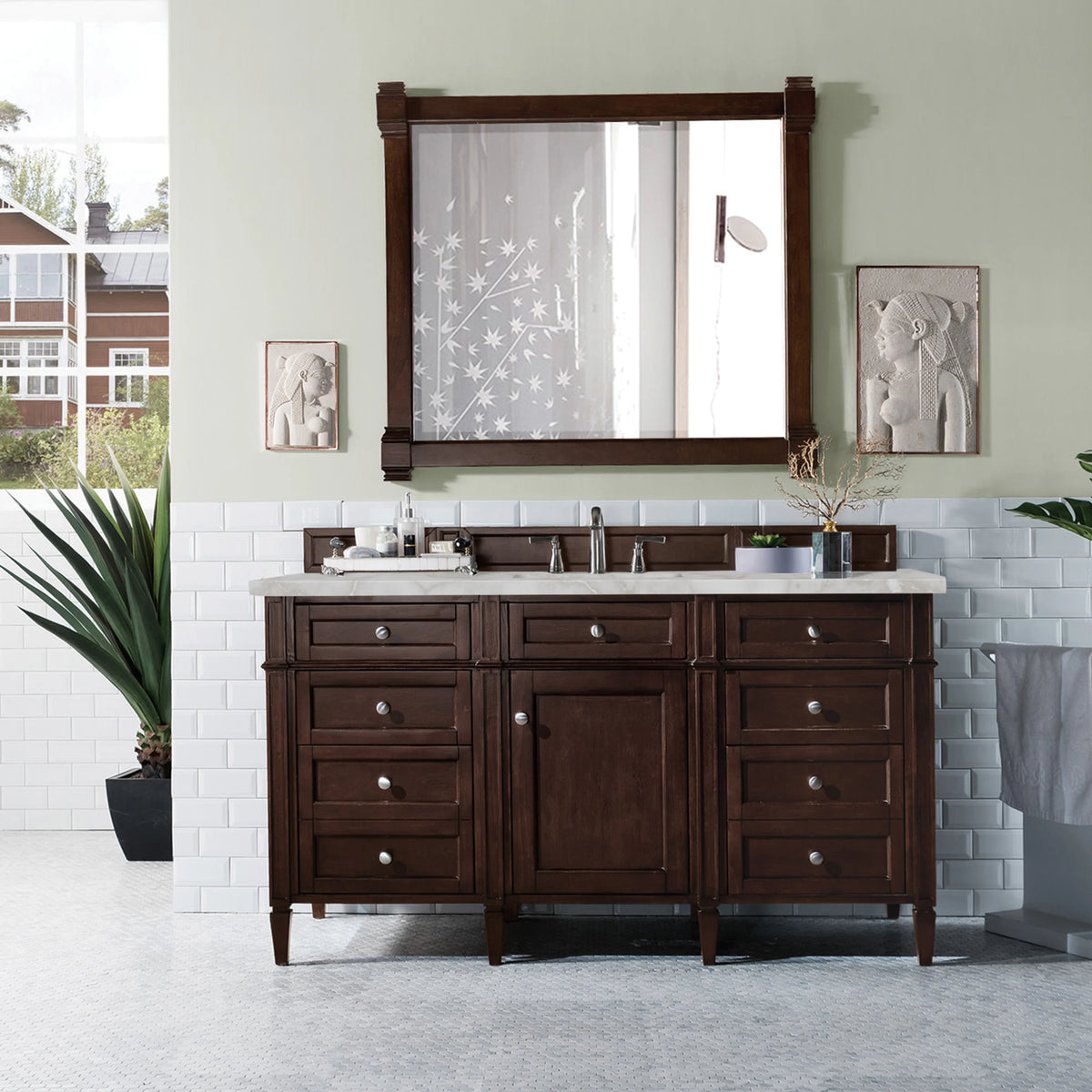 Brittany 60" Single Vanity, Burnished Mahogany w/ 3 CM Victorian Silver Silestone Top w/FreePower Wireless Char, view 6