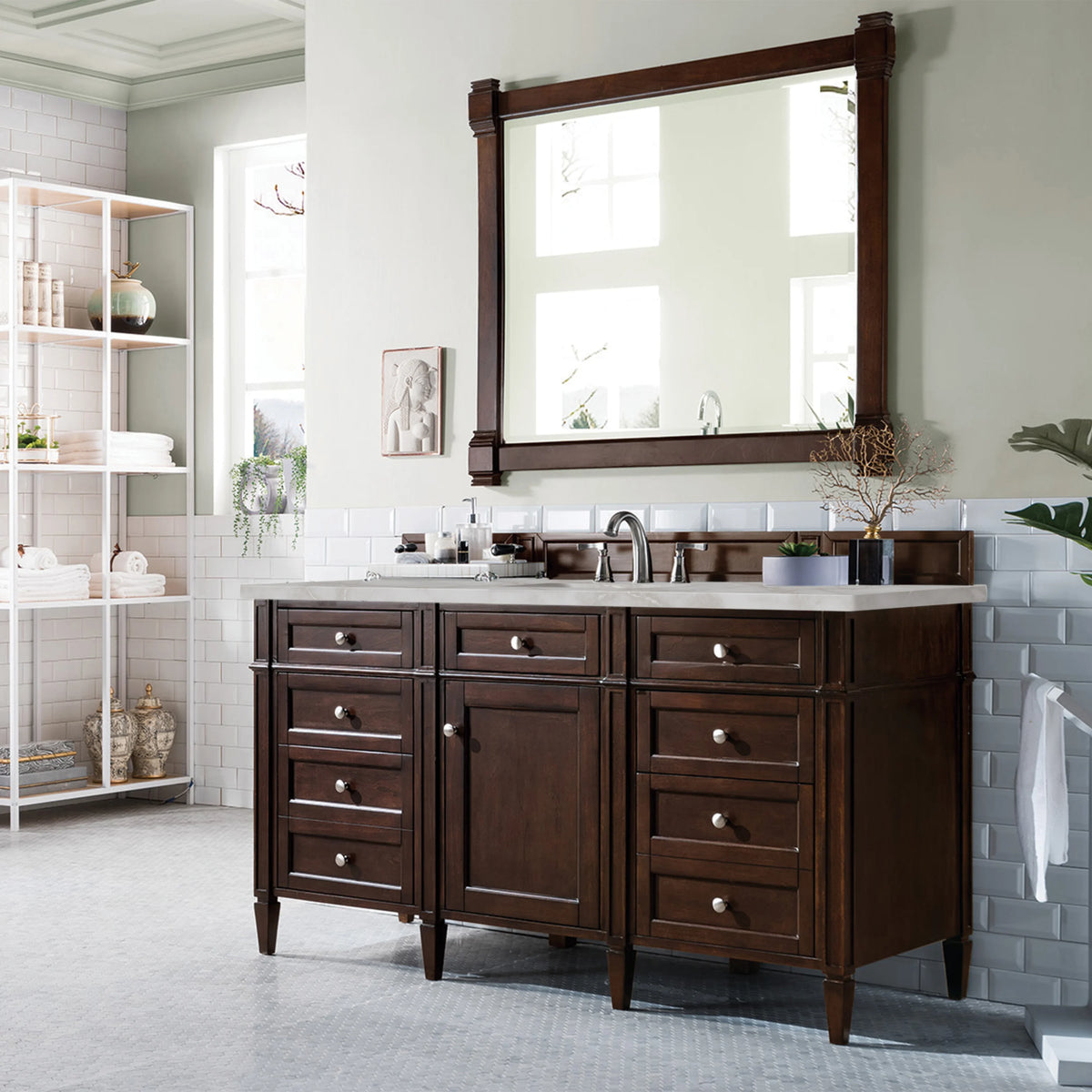 Brittany 60" Single Vanity, Burnished Mahogany w/ 3 CM Victorian Silver Silestone Top w/FreePower Wireless Char, view 7