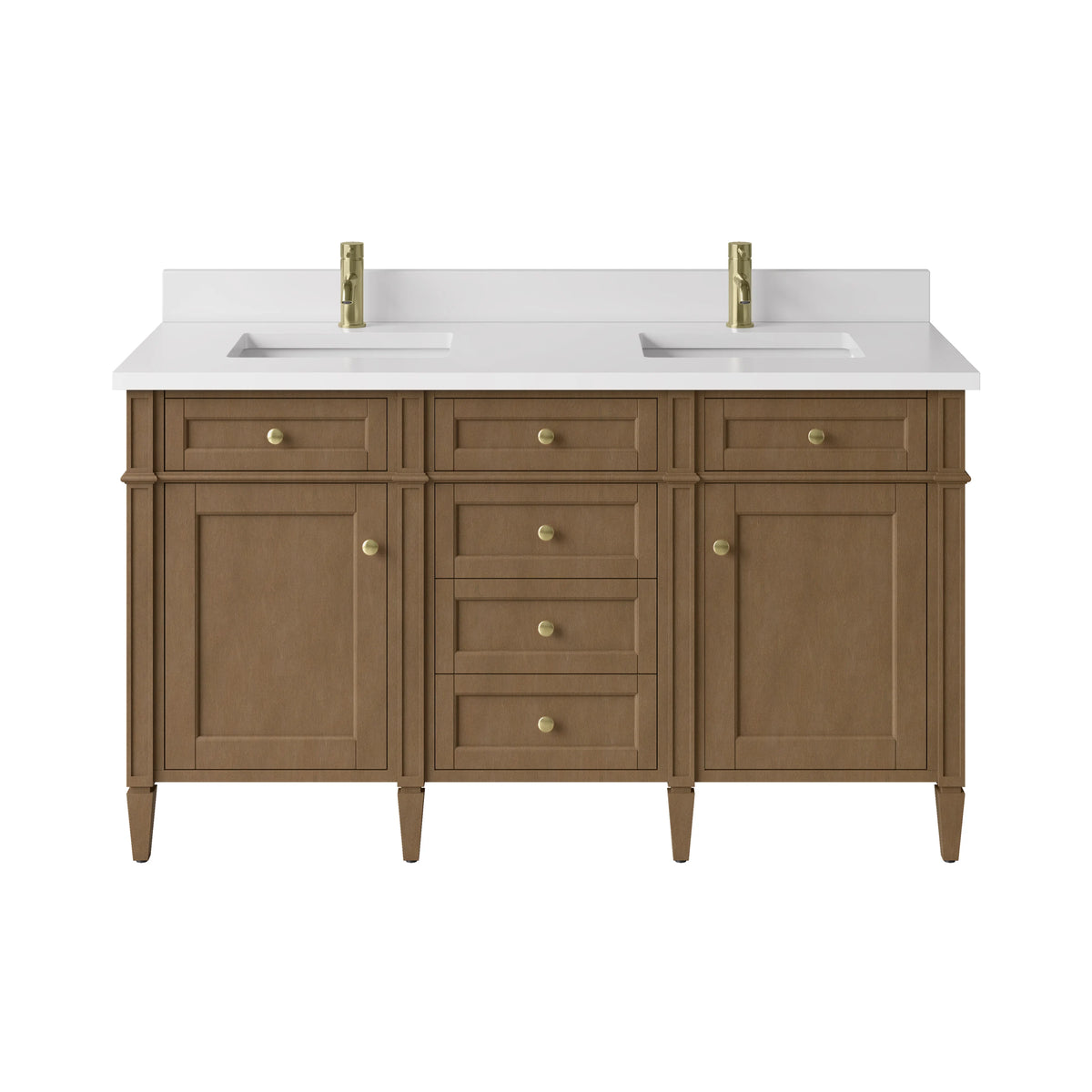 Brittany 60" Double Vanity, Pecan w/ Single Hole 3 CM White Zeus Silestone Top and Matching Backsplash