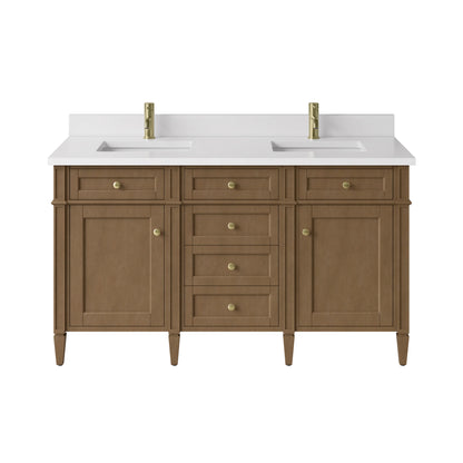 Brittany 60" Double Vanity, Pecan w/ Single Hole 3 CM White Zeus Silestone Top and Matching Backsplash