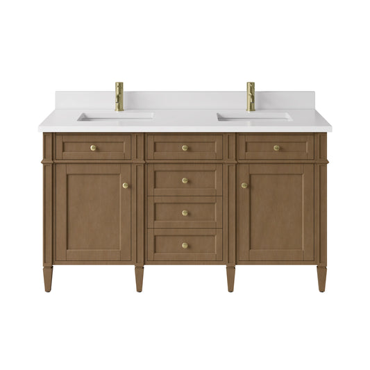 Brittany 60" Double Vanity, Pecan w/ Single Hole 3 CM White Zeus Silestone Top and Matching Backsplash