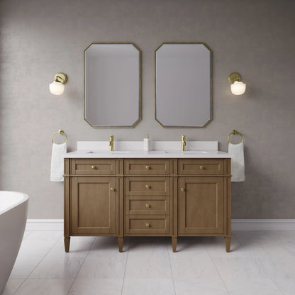 Brittany 60" Double Vanity, Pecan w/ Single Hole 3 CM White Zeus Silestone Top and Matching Backsplash, view 3