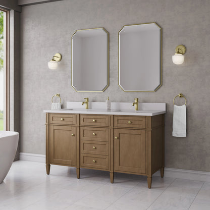 Brittany 60" Double Vanity, Pecan w/ Single Hole 3 CM White Zeus Silestone Top and Matching Backsplash, view 4